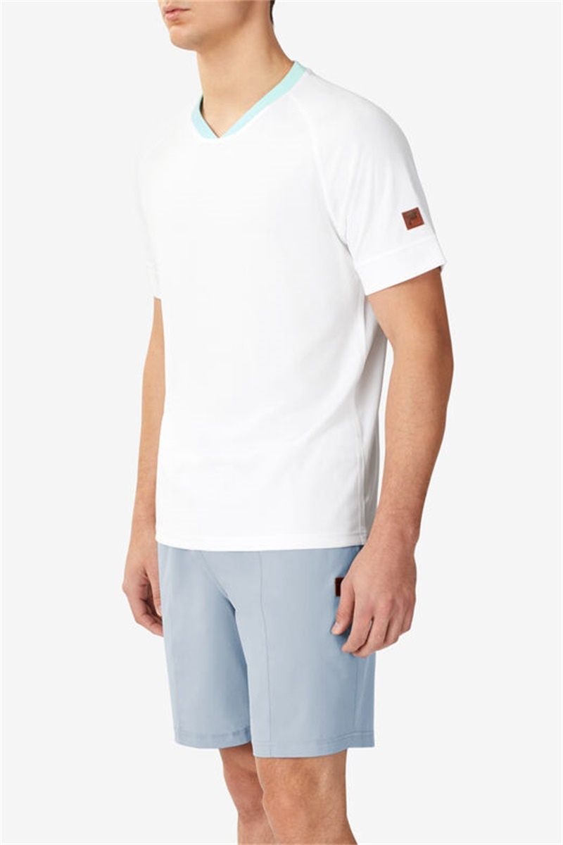 White / Blue / Blue Men's Fila Cross Court Short Sleeve Crew Shirts | Saudi Arabia-614957