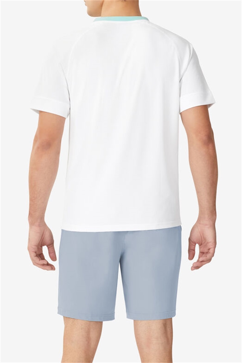 White / Blue / Blue Men's Fila Cross Court Short Sleeve Crew Shirts | Saudi Arabia-614957