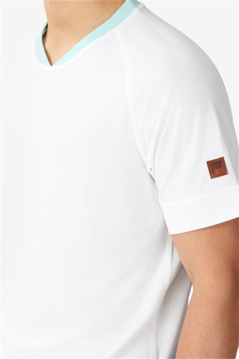 White / Blue / Blue Men's Fila Cross Court Short Sleeve Crew Shirts | Saudi Arabia-614957