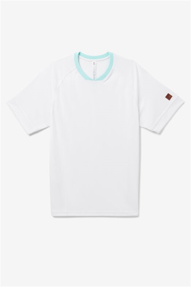 White / Blue / Blue Men\'s Fila Cross Court Short Sleeve Crew Shirts | Saudi Arabia-614957