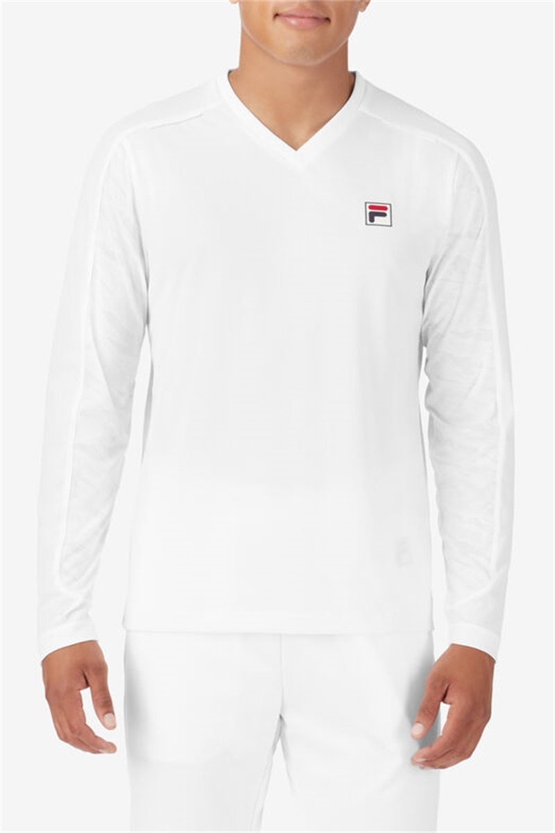 White / Camo Men's Fila Whiteline Long Sleeve V-Neck Shirts | Saudi Arabia-349157