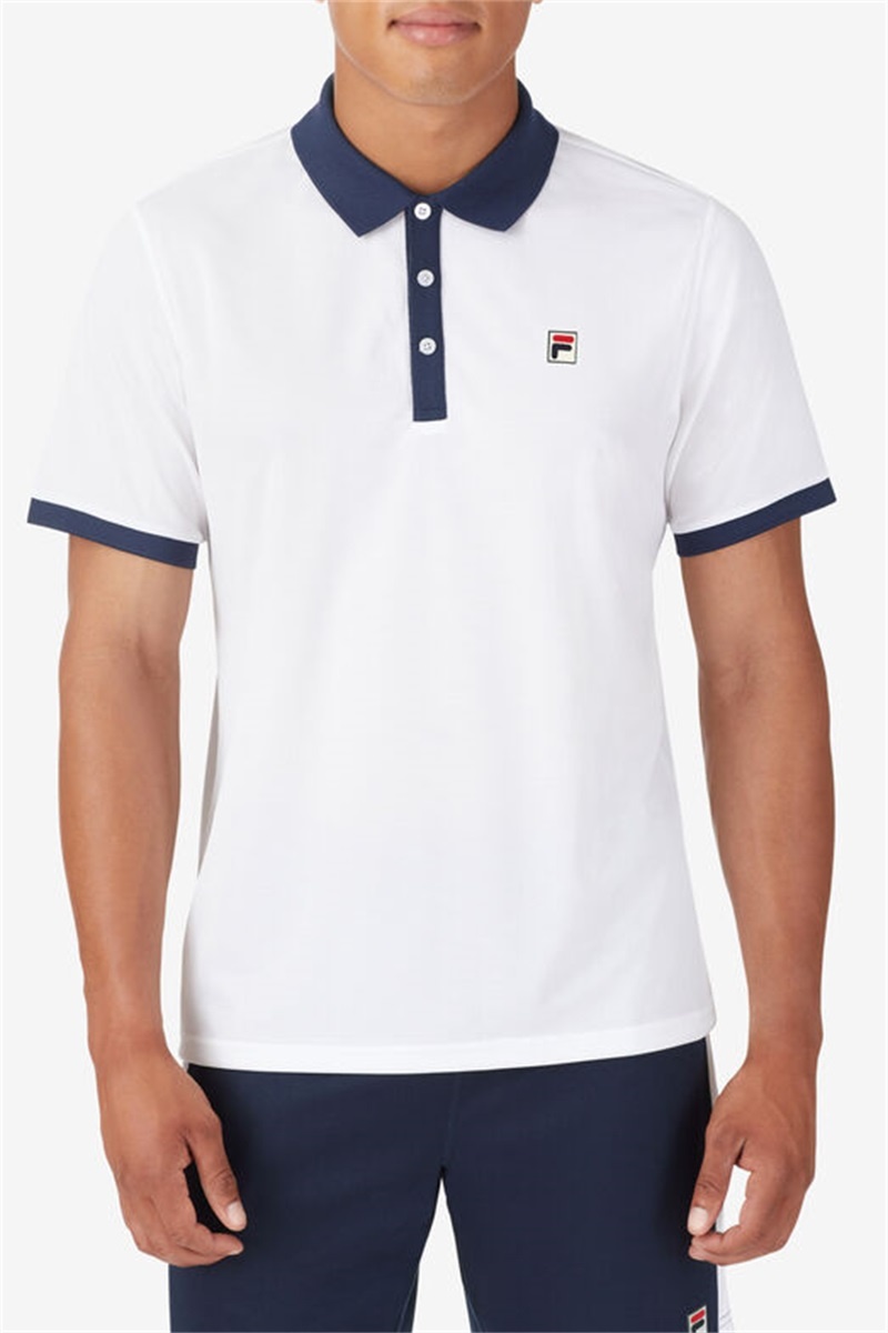 White / Navy Men's Fila Groundbreaker Short Sleeve Polo Shirts | Saudi Arabia-764085