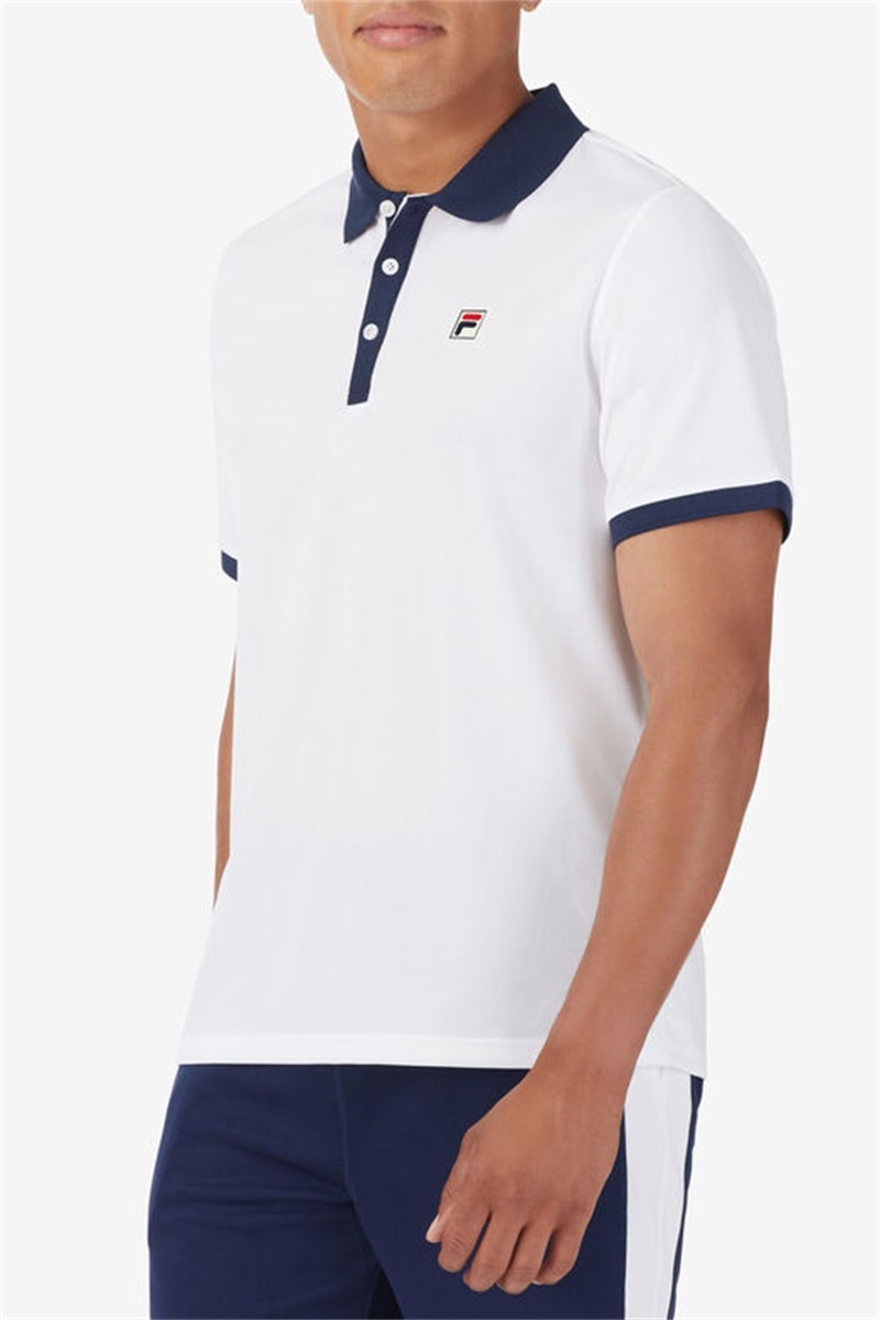 White / Navy Men's Fila Groundbreaker Short Sleeve Polo Shirts | Saudi Arabia-764085