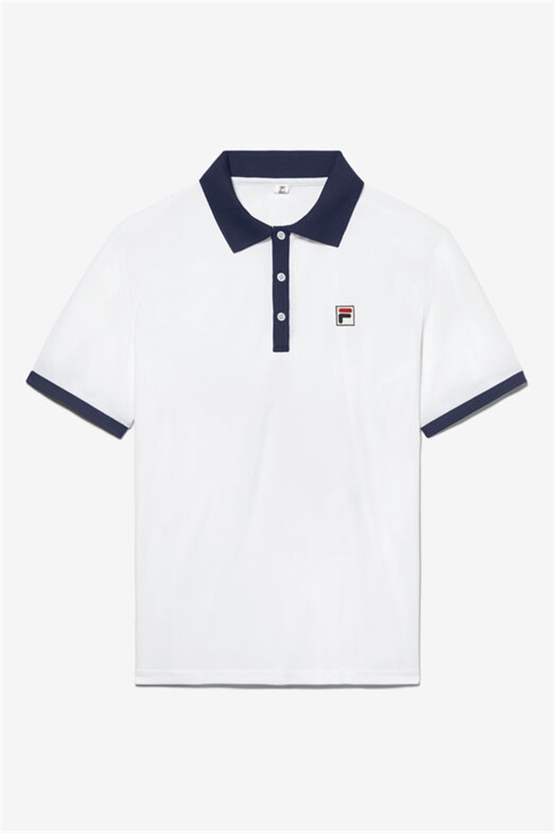 White / Navy Men\'s Fila Groundbreaker Short Sleeve Polo Shirts | Saudi Arabia-764085