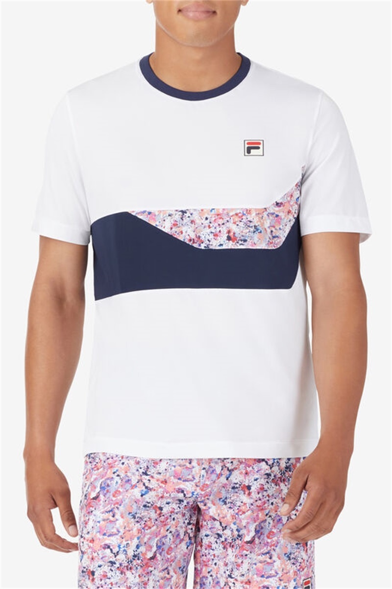 White / Navy Men's Fila Solar Power Short Sleeve Speed Crew Shirts | Saudi Arabia-326941