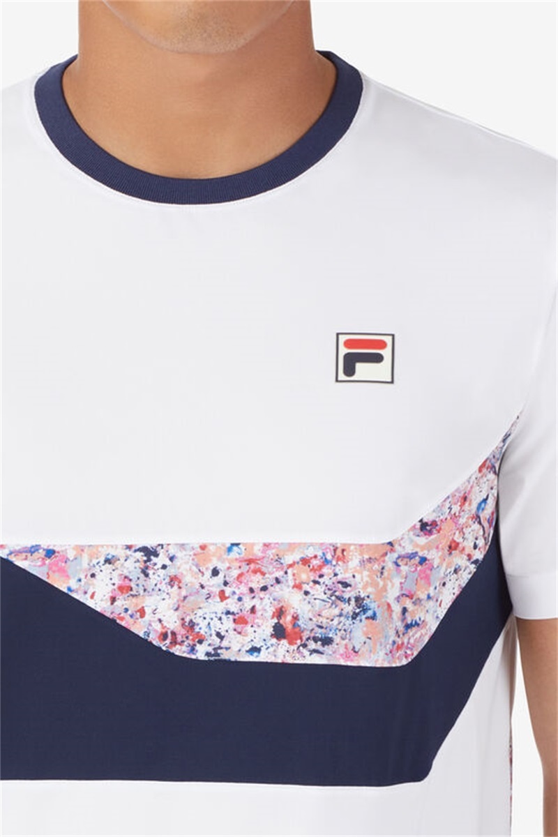 White / Navy Men's Fila Solar Power Short Sleeve Speed Crew Shirts | Saudi Arabia-326941
