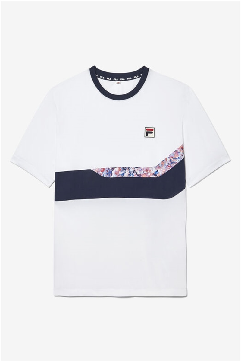 White / Navy Men\'s Fila Solar Power Short Sleeve Speed Crew Shirts | Saudi Arabia-326941