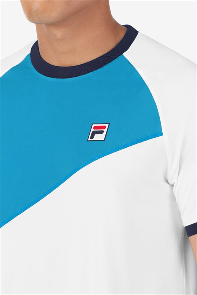 White / Navy Men's Fila Tie Breaker Short Sleeve Color Block Crew Shirts | Saudi Arabia-891753