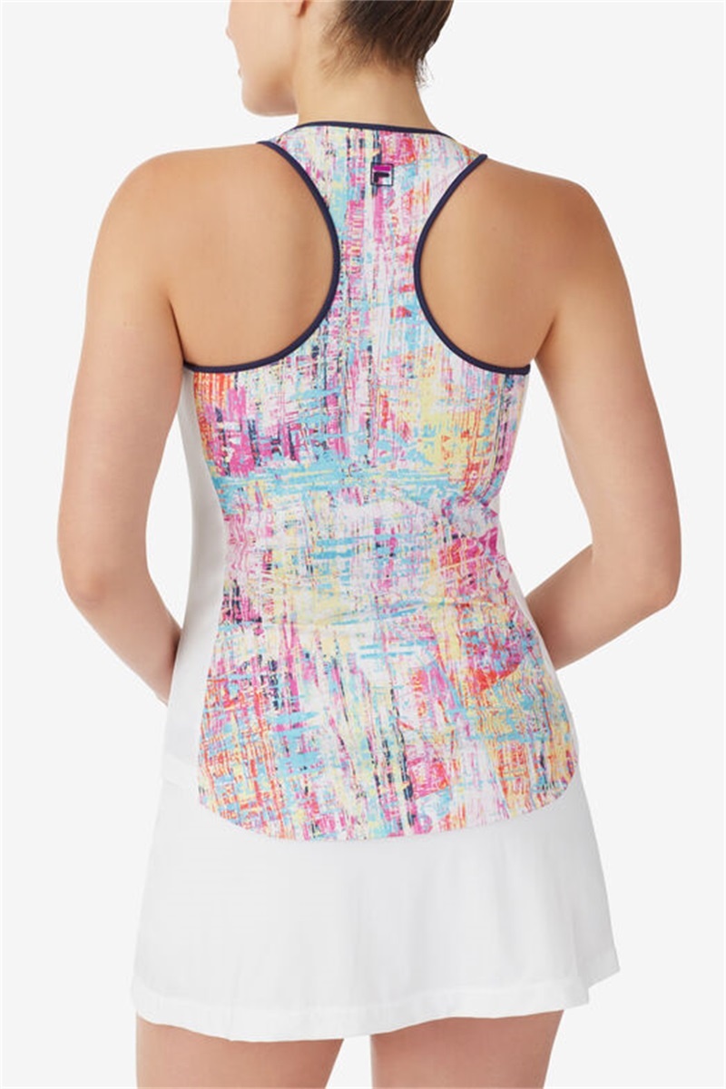White / Navy Women's Fila Alley Printed Racerback Tanks | Saudi Arabia-497502