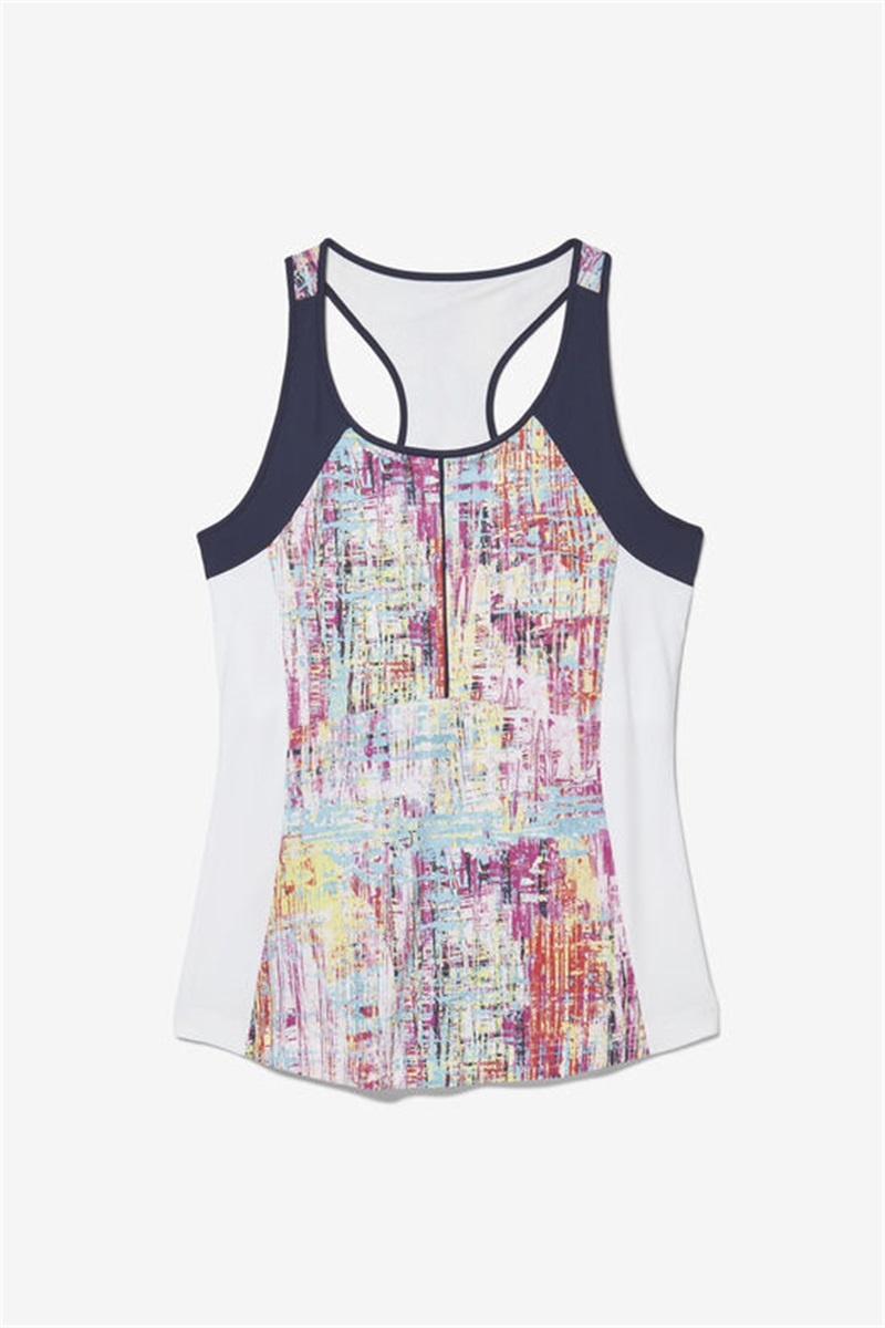 White / Navy Women\'s Fila Alley Printed Racerback Tanks | Saudi Arabia-497502