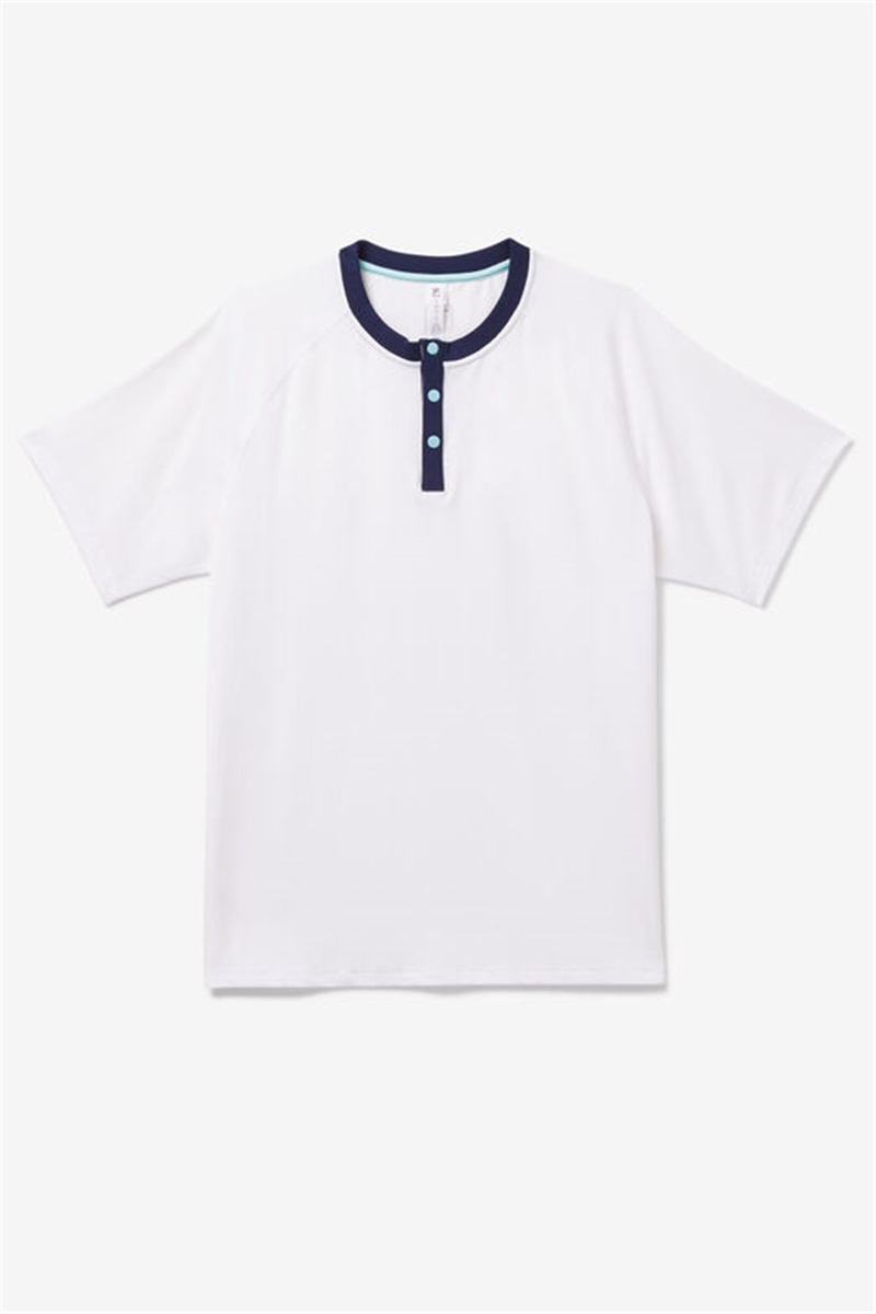 White / Navy / Blue Men\'s Fila Cross Court Short Sleeve Henley Shirts | Saudi Arabia-074316