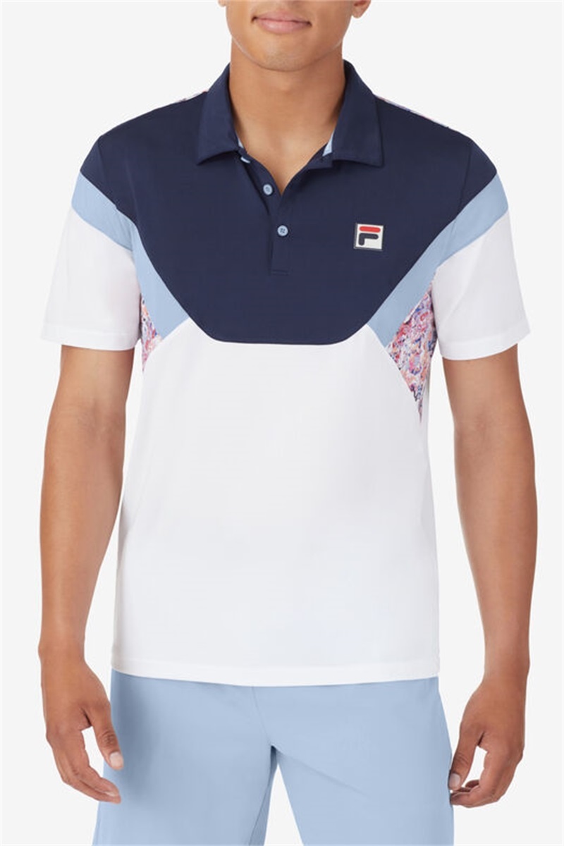 White / Navy / Blue Men's Fila Solar Power Short Sleeve Color Blocked Polo Shirts | Saudi Arabia-927360