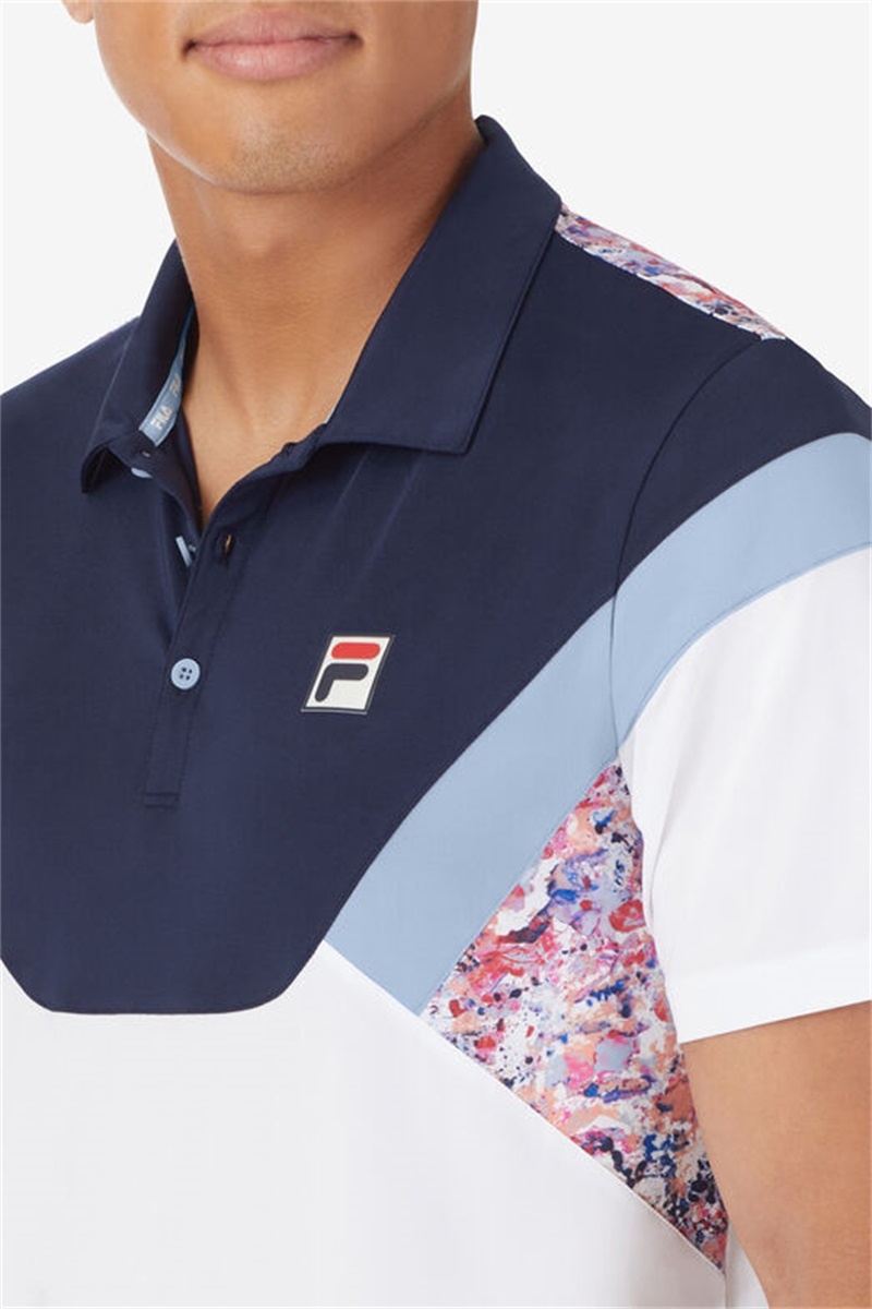 White / Navy / Blue Men's Fila Solar Power Short Sleeve Color Blocked Polo Shirts | Saudi Arabia-927360