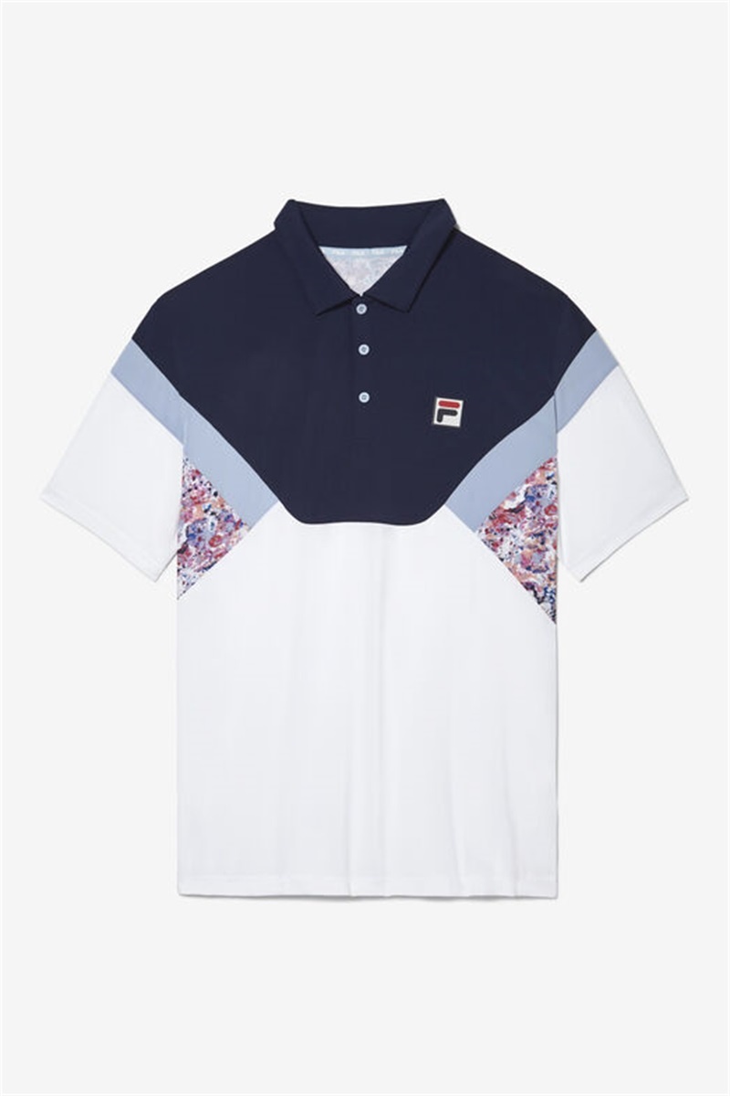 White / Navy / Blue Men\'s Fila Solar Power Short Sleeve Color Blocked Polo Shirts | Saudi Arabia-927360
