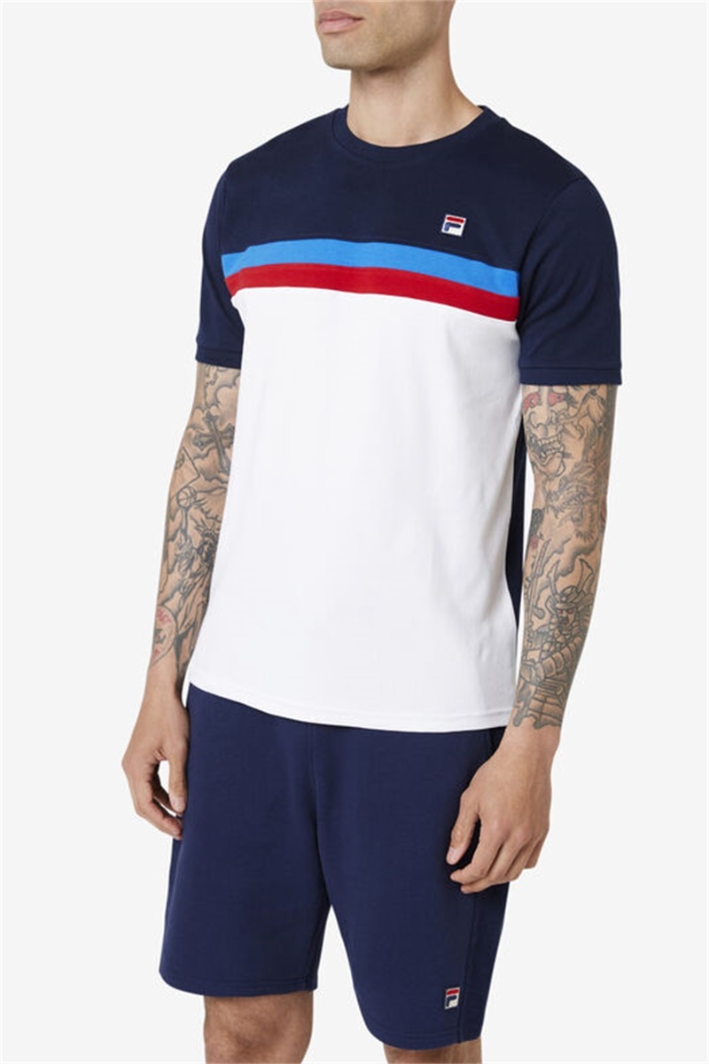 White / Navy / Blue / Red Men's Fila Exempt Crew Tops | Saudi Arabia-641273