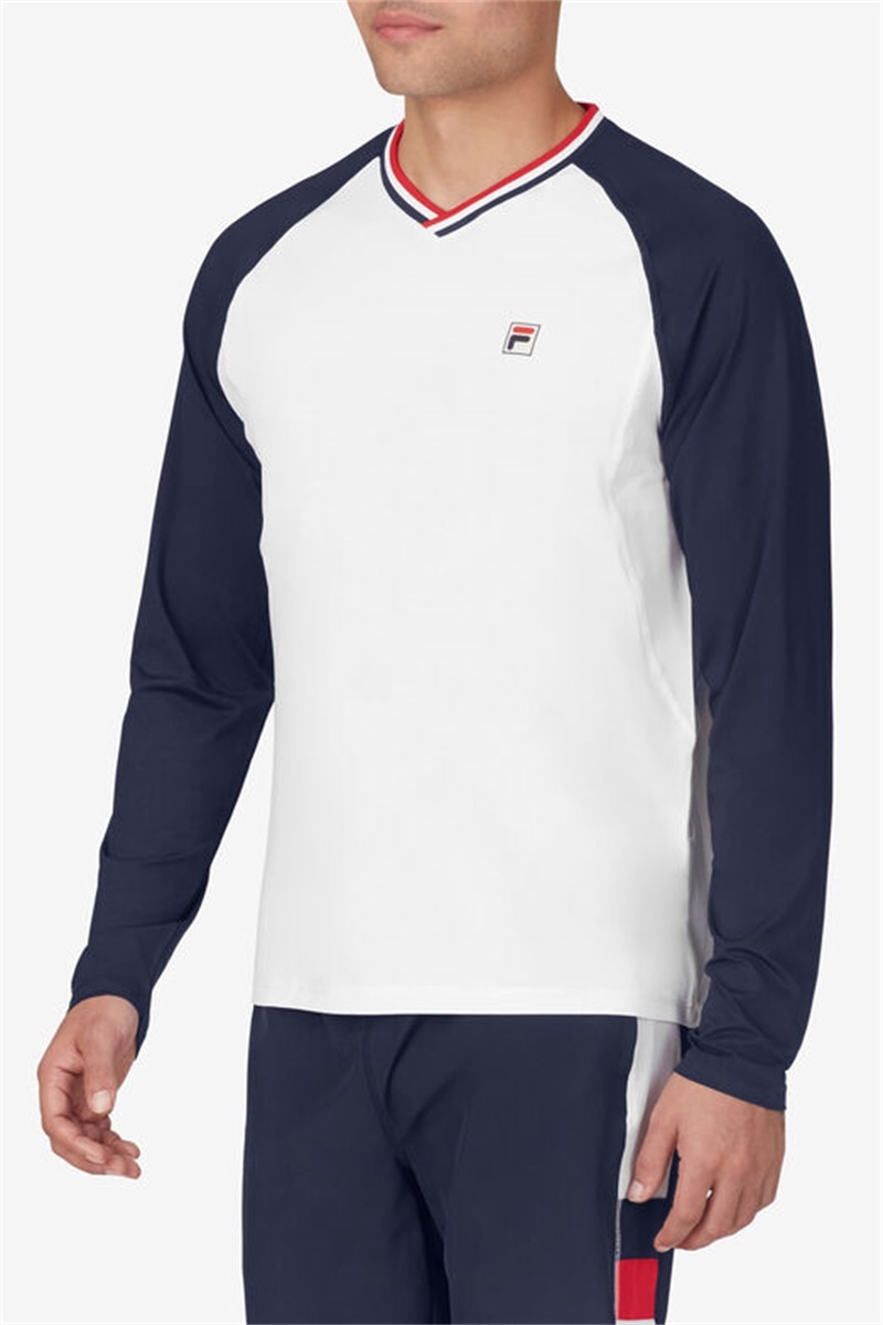 White / Navy / Red Men's Fila Essentials H Long Sleeve Top Tops | Saudi Arabia-874930