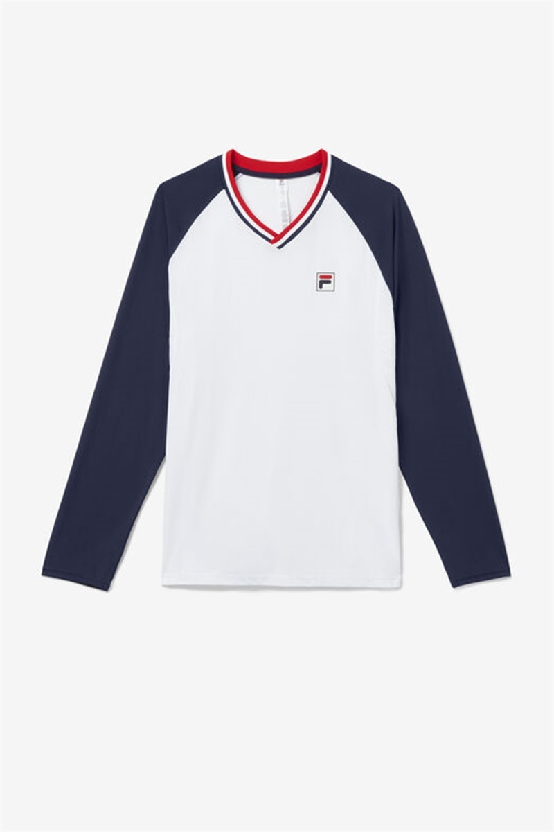 White / Navy / Red Men\'s Fila Essentials H Long Sleeve Top Tops | Saudi Arabia-874930