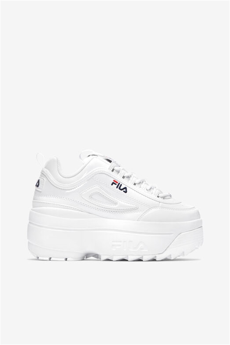 White / Navy / Red Women\'s Fila Disruptor 2 Wedge Patent Shoes | Saudi Arabia-193564