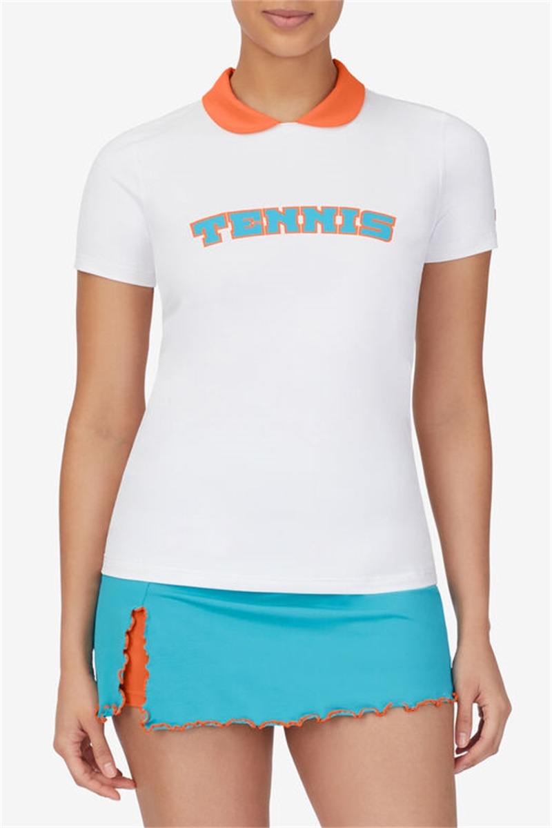 White / Orange Women's Fila Groundbreaker Short Sleeve Polo Shirts | Saudi Arabia-605849