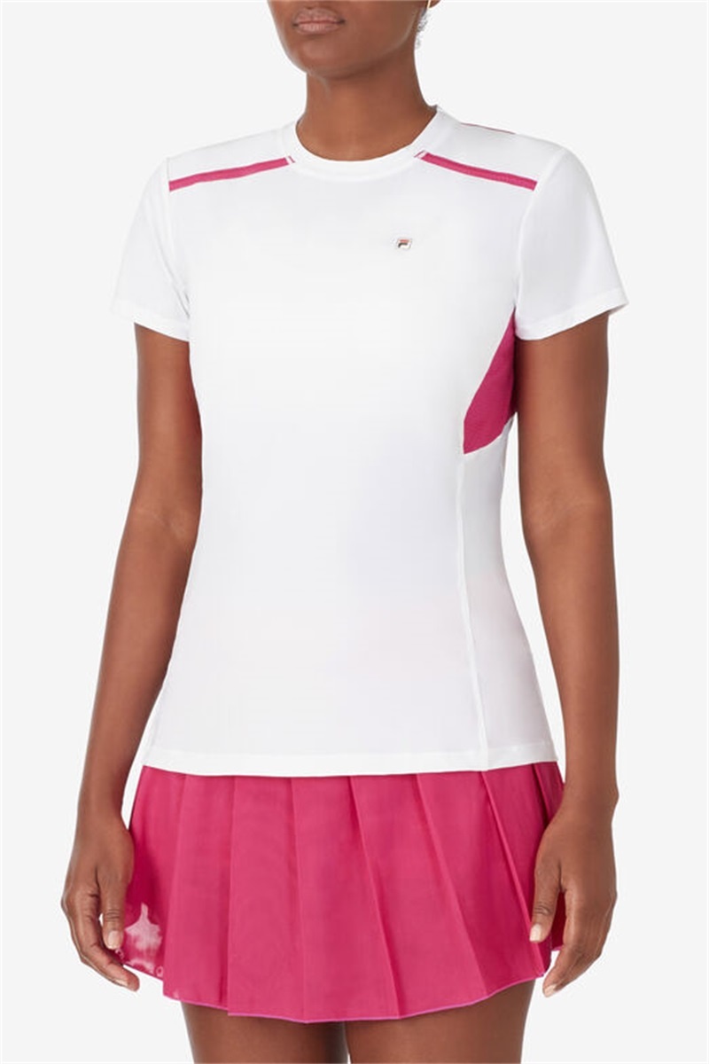 White / Pink Peacock Women's Fila Center Court Short Sleeve Tops | Saudi Arabia-681532