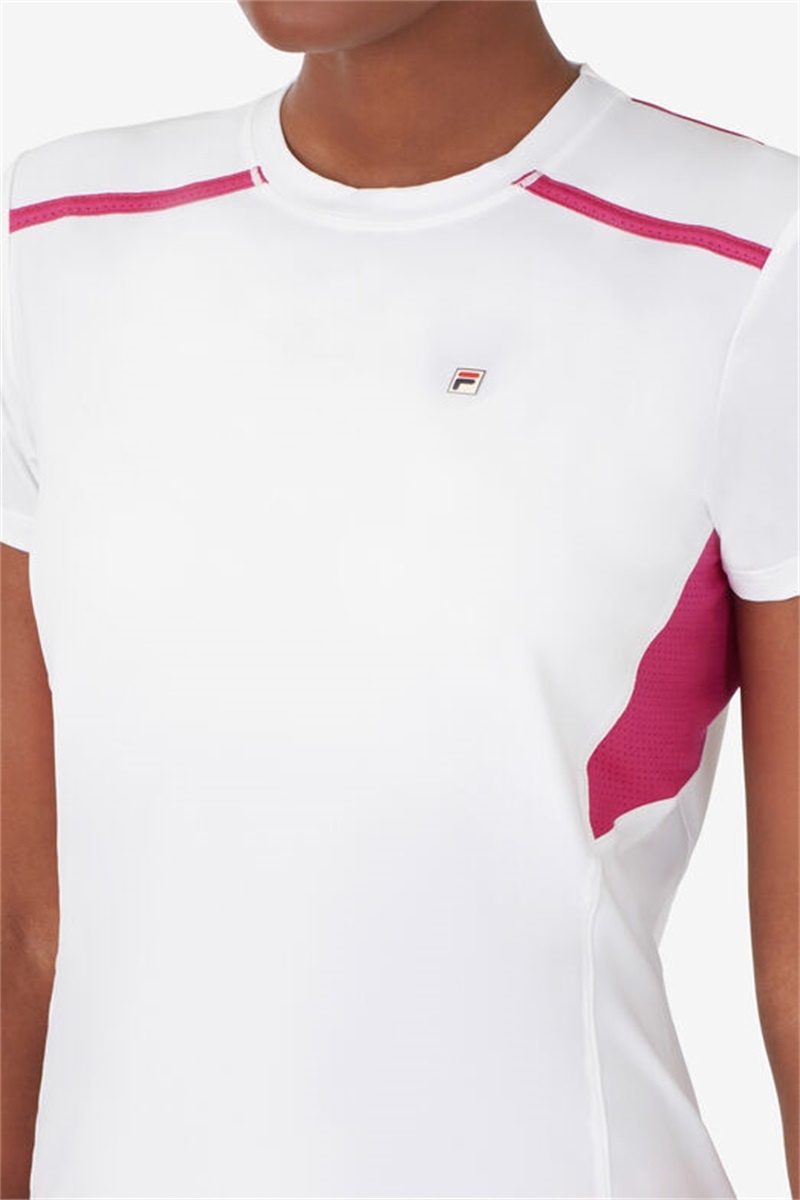 White / Pink Peacock Women's Fila Center Court Short Sleeve Tops | Saudi Arabia-681532