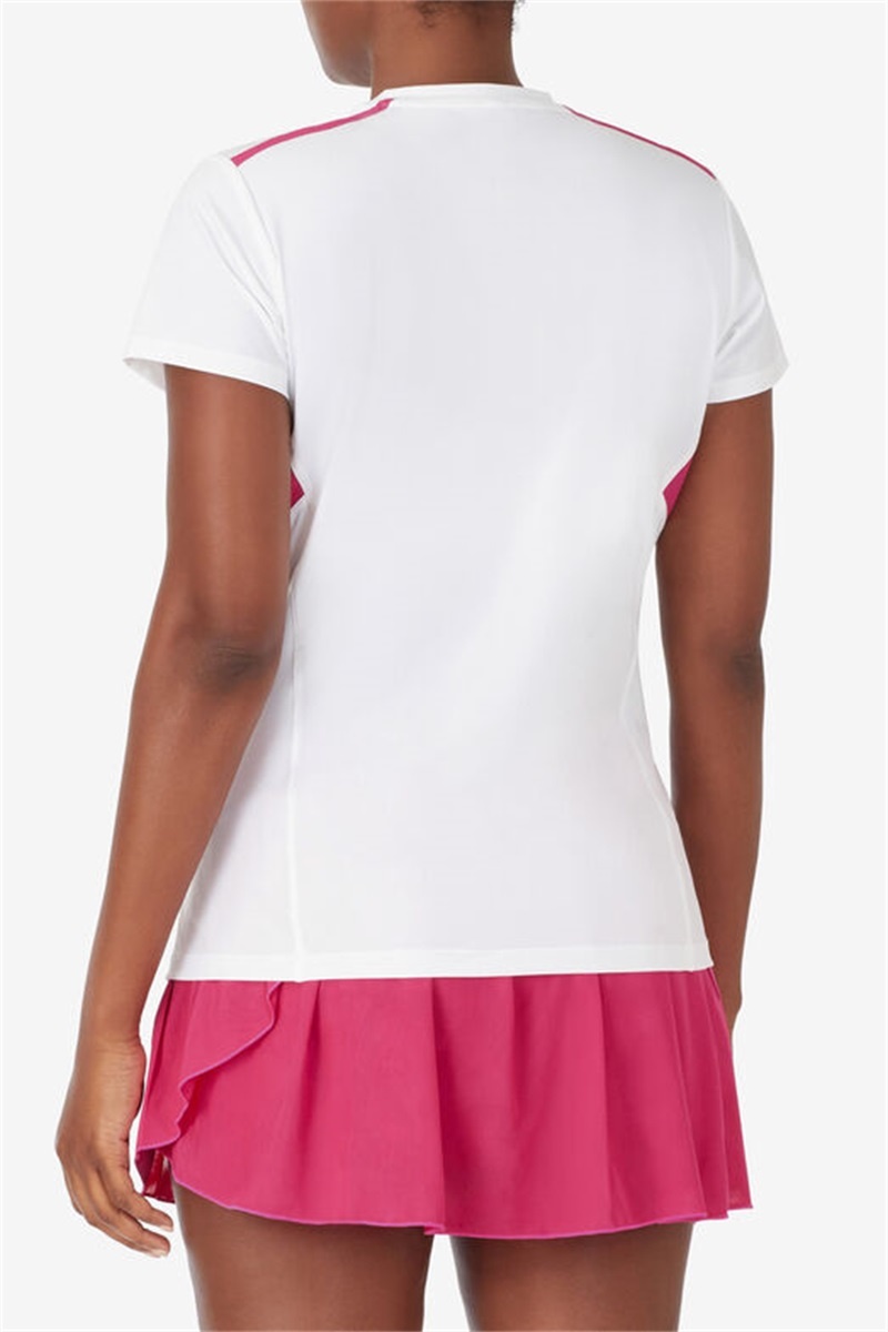 White / Pink Peacock Women's Fila Center Court Short Sleeve Tops | Saudi Arabia-681532