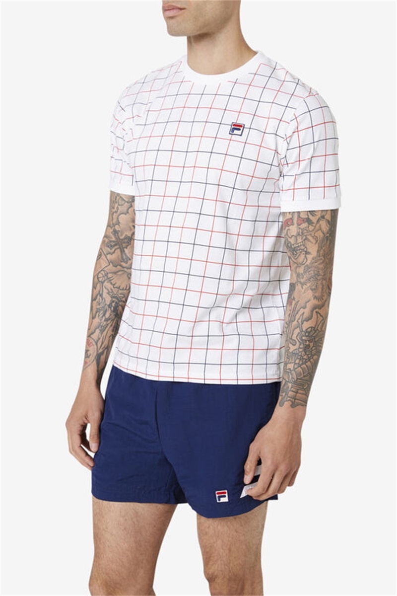 White / Red / Navy Men's Fila Casbian Crew Tops | Saudi Arabia-472891
