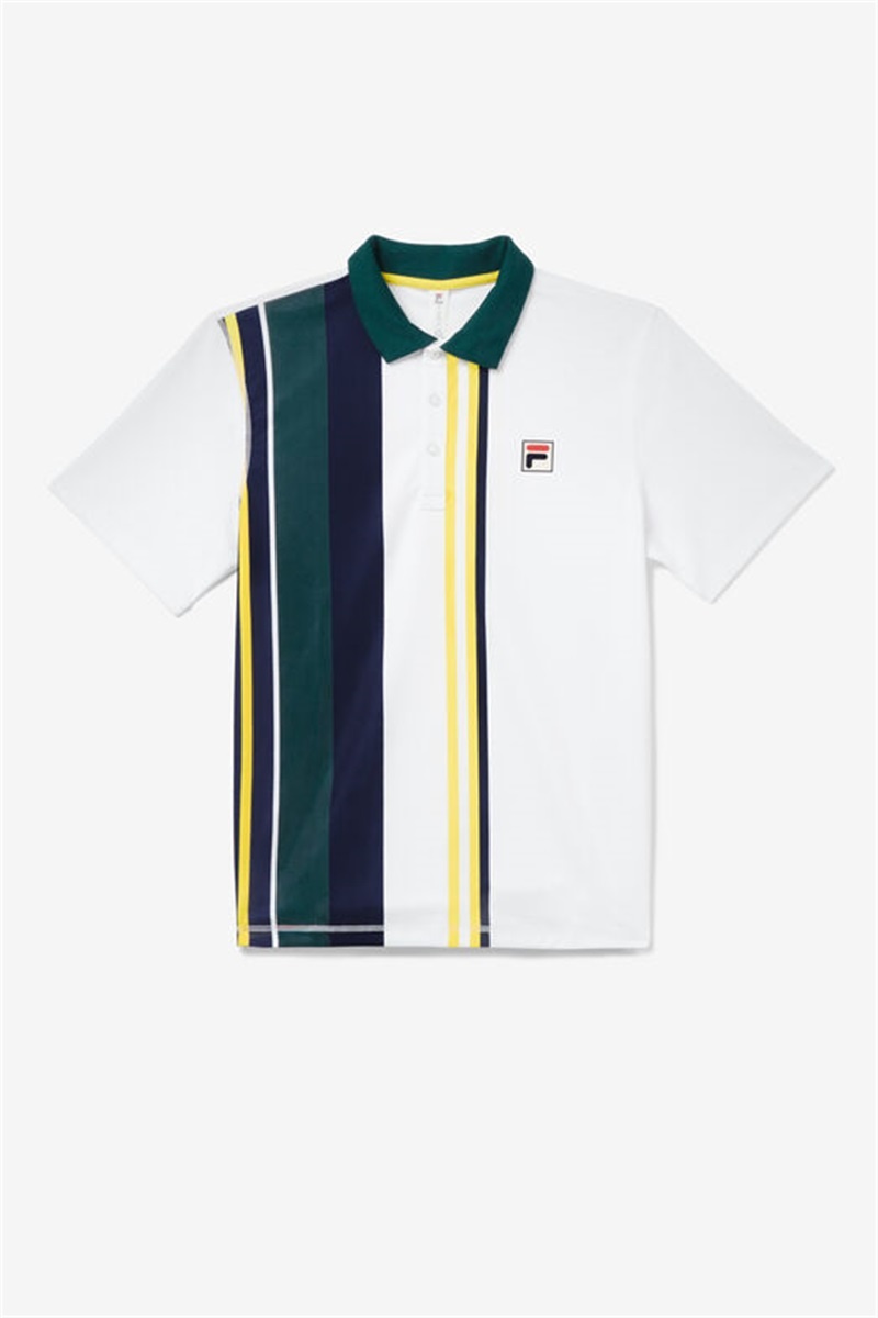 White / Turquoise Stripes Men\'s Fila Heritage Stripe Short Sleeve Polo Shirts | Saudi Arabia-059678