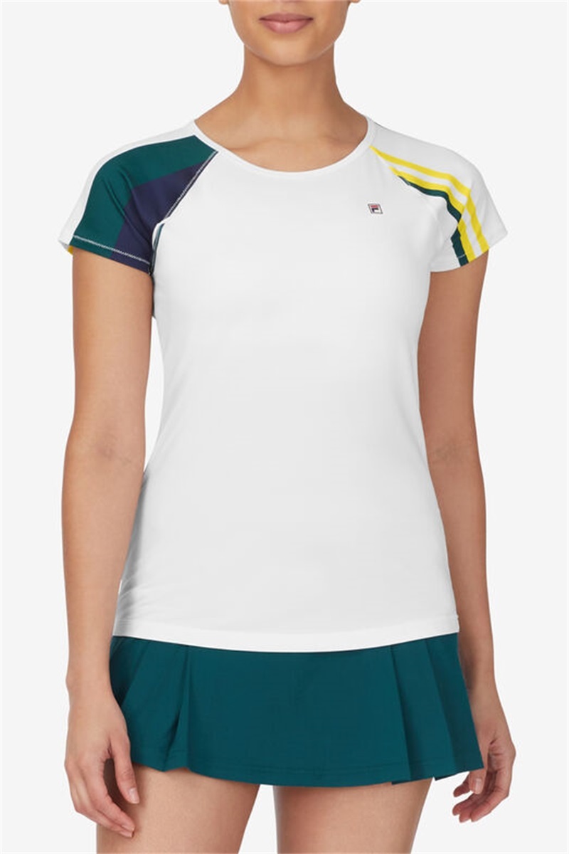 White / Turquoise Stripes Women's Fila Heritage Short Sleeve Tops | Saudi Arabia-362510
