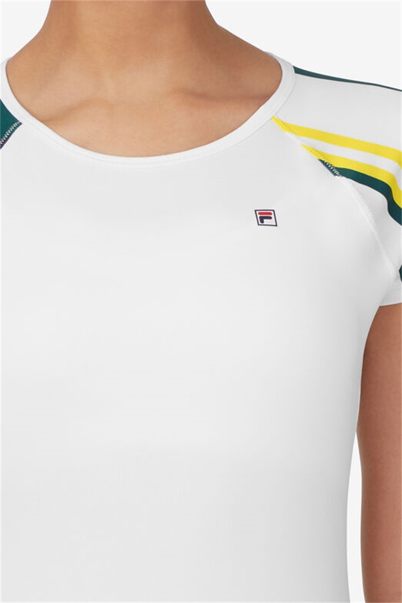White / Turquoise Stripes Women's Fila Heritage Short Sleeve Tops | Saudi Arabia-362510