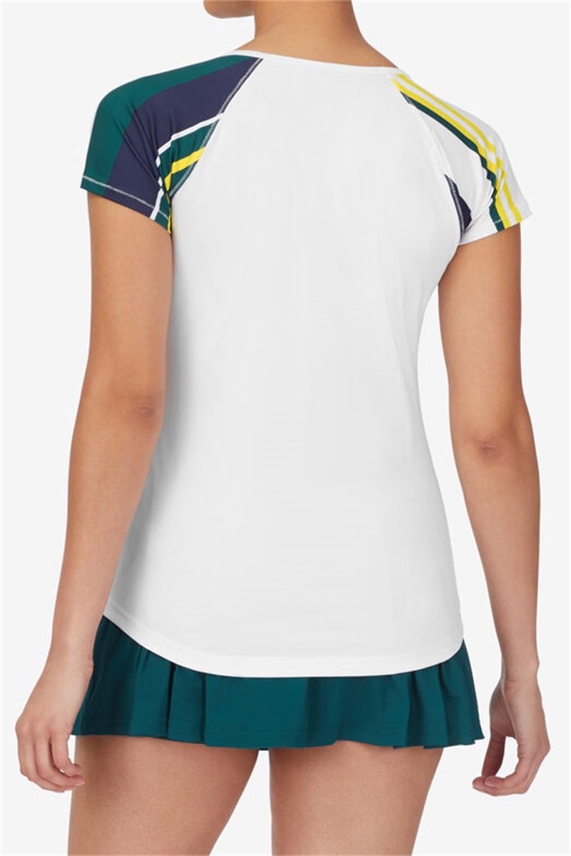 White / Turquoise Stripes Women's Fila Heritage Short Sleeve Tops | Saudi Arabia-362510